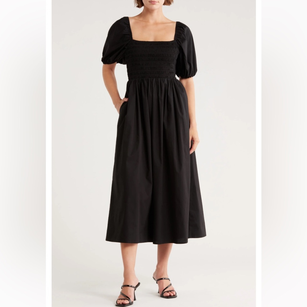 Wayf Black Midi Dress NWT Smocked Top Puff Short Sleeves Small Pockets Cotton